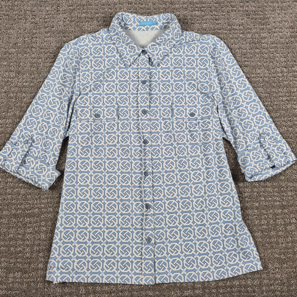 J McLaughlin Shirt Womens L Blue White Geometric Catalina Cloth Roll Tab Sleeve